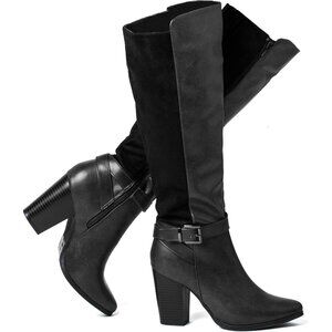 〽️Women's Black Katliu Knee High Heeled Boots with Zip Up Chunky Heel